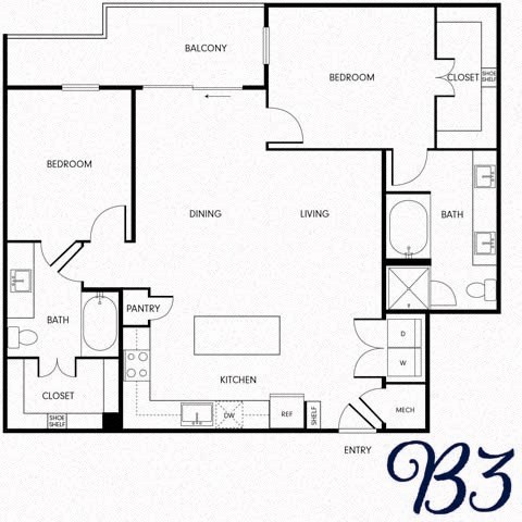 the b3 floor plan  3 bedroom with 2 baths